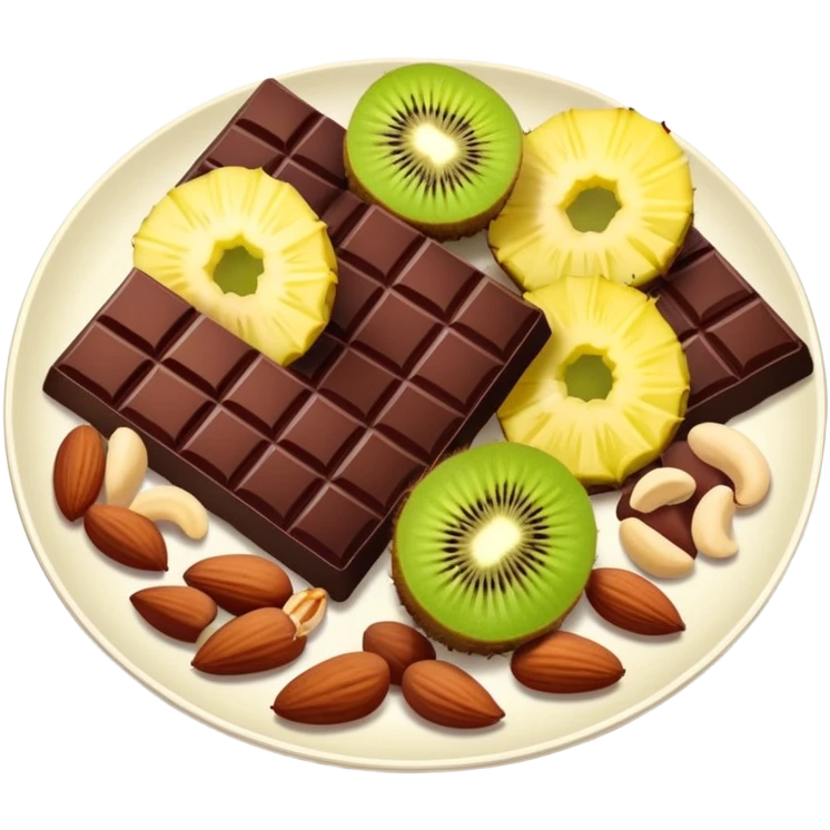 Evening snack plate with dark chocolate squares, mixed nuts, kiwi slice and pineapple chunks emoji