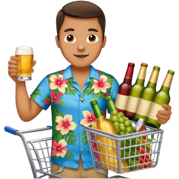 man with a shopping cart full of beers and wines emoji