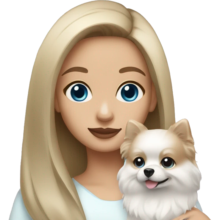 Brunette girl with light skin and blue eyes holding a white pomeranian  emoji