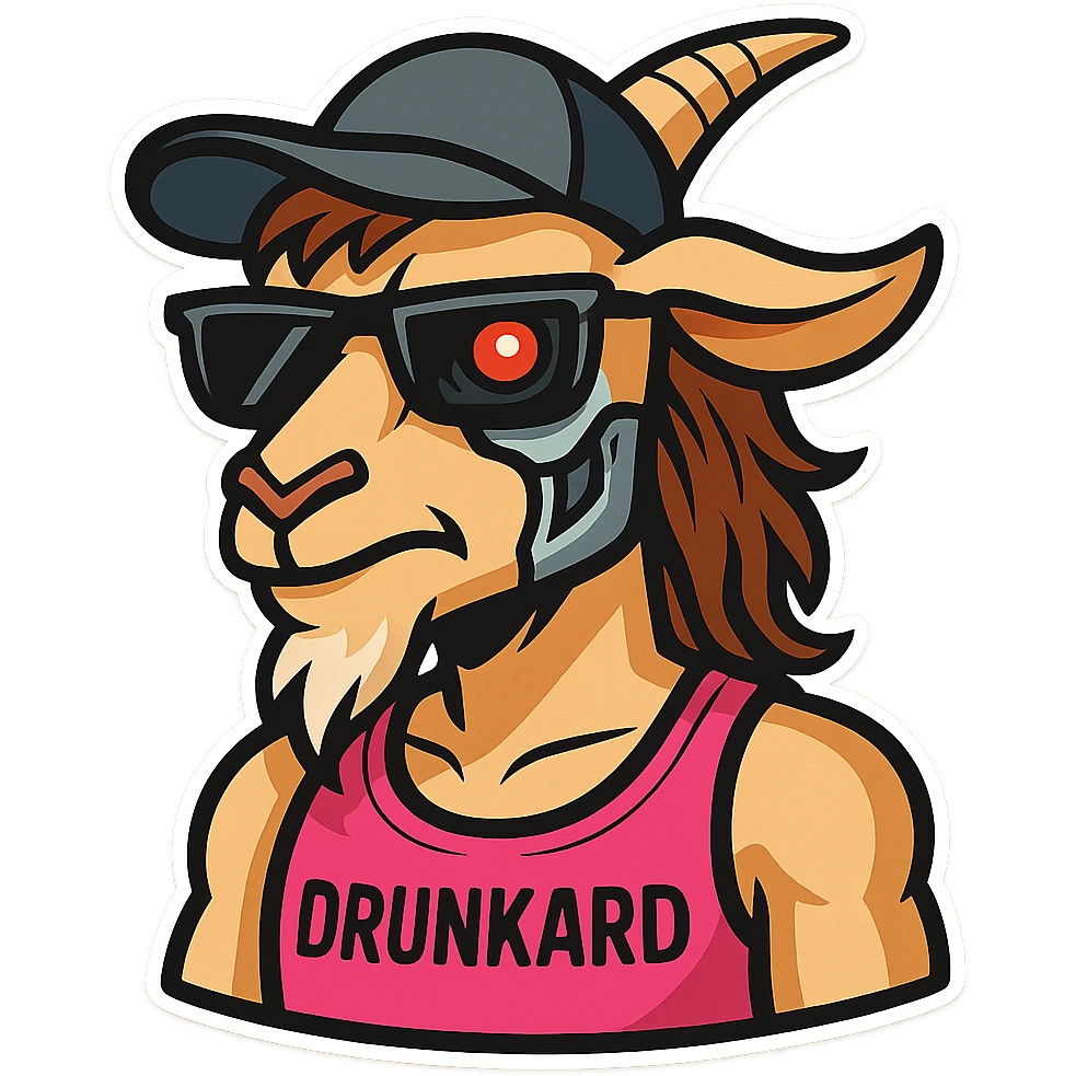 goat-terminator for Telegram stickers inspired by reference https://attic.sh/feoducyurkpqwz0la088soao98sx: wearing a cap, glasses, mullet hairstyle, pink drunkard tank top.  emoji