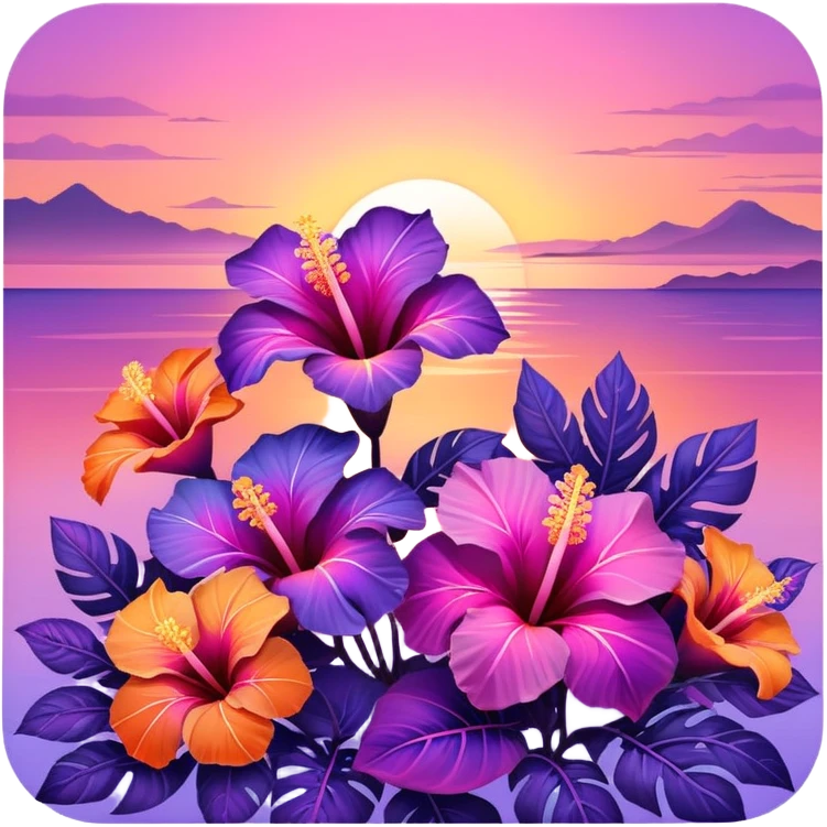 Iridescent tropical exotic beautiful pretty Purple pink and orange gradient hibiscuses sunset sunrise full scenery aesthetic deco emoji