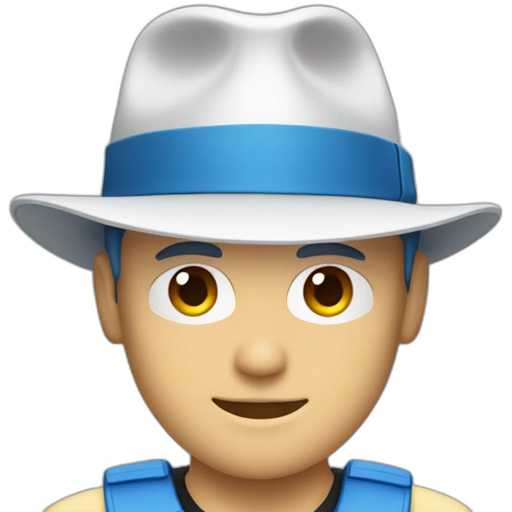 white man with blue/black high tech gear on face and with fedora hat emoji
