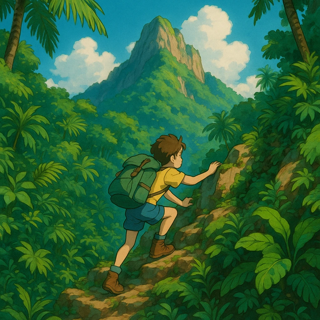 ghibli style scene of mountain climbing in a vibrant jungle emoji