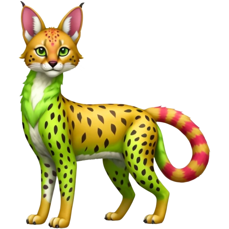 Colorful tropical exotic fruity kiwi-green lemony rosy neon-red Caracal-Cheetah-Serval-Snow-Leopard-Trico-Sergal-Vernid-fusion-hybrid-animal-creature, full body emoji