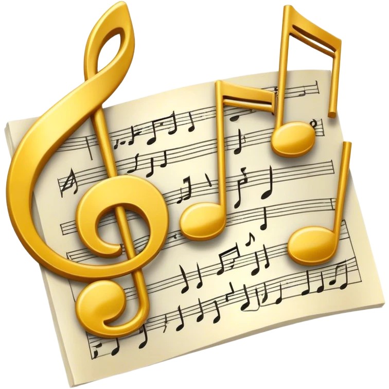 Create a bright and artistic emoji that represents music composition. The design should feature musical notes, a pencil or quill, and a sheet of music, symbolizing the creative process of composing a song. Add a touch of elegance with flowing lines to represent melody and rhythm. Use gold or silver tones for sophistication, and incorporate a mix of vibrant colors to convey creativity. The background should be transparent. emoji