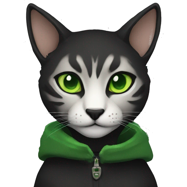 black fur tabaxi with green eyes wearing black hood emoji