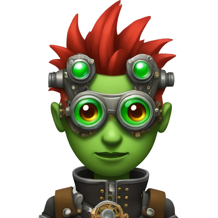 Male cyborg with thin red Mohawk and green steampunk goggles emoji