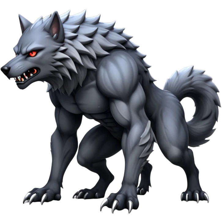 cinematic-noble-fierce-werewolf-full body on all fours-emoji, poised-and-imposing, with a tall, lean, and muscular wolfish frame inspired by the brutal, imposing shape of the beast from Berserk, fur rippling in shades of midnight black and silver, massive paws with razor-sharp claws, elongated limbs and fangs, eyes glowing with an intense, primal ferocity, reflecting the untamed power of the wild moonlit night; rendered with realism like a wolf hunched over emoji