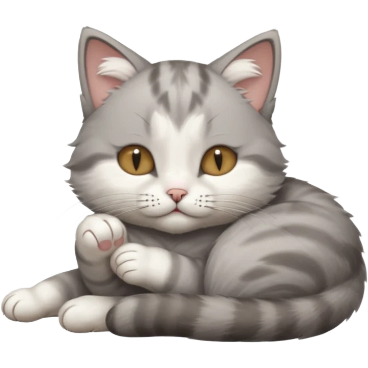 grey and white small cat with its eyes closed lying down with its paw holding up his head emoji