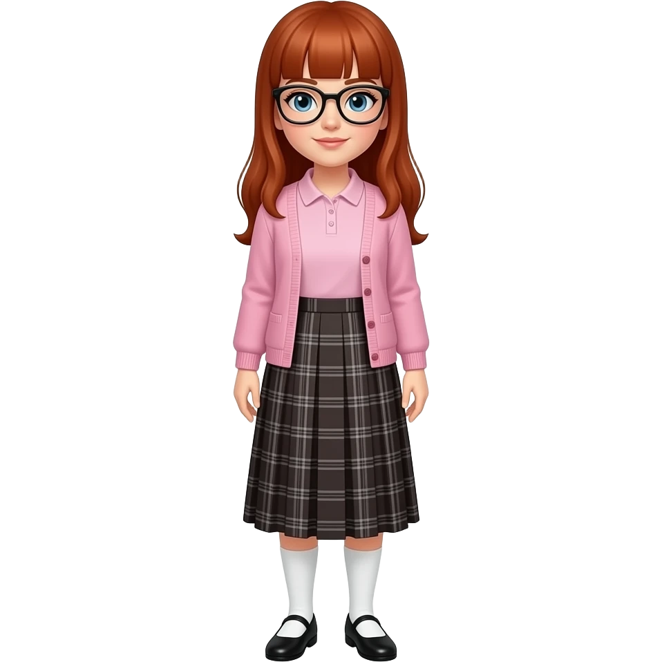 a woman with fair skin, long red hair, straight bangs, blue eyes, wearing black glasses, a light pink polo shirt under a pink cardigan, a dark brown long pleated skirt with gray tartan lines and white knee-high socks over black flats emoji