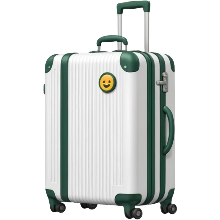 white ribbed suitcase on wheels with handle, dark green details, minimalist style, emoji style emoji