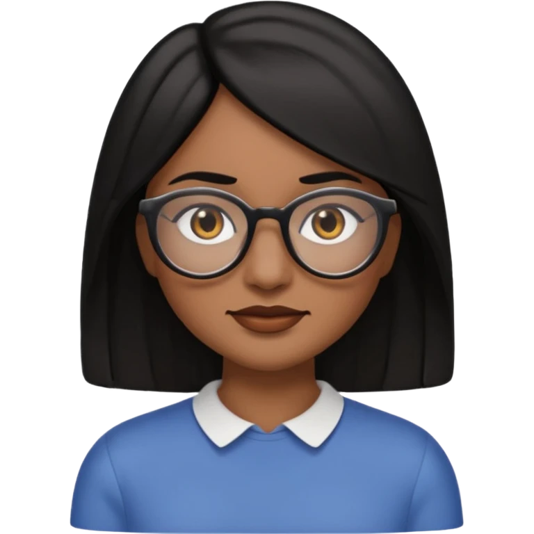 A woman emoji with medium-dark skin, straight shoulder-length black hair parted to the side, an oval-shaped face, arched dark eyebrows, large brown eyes with glasses, a small nose, and natural-toned lips. emoji