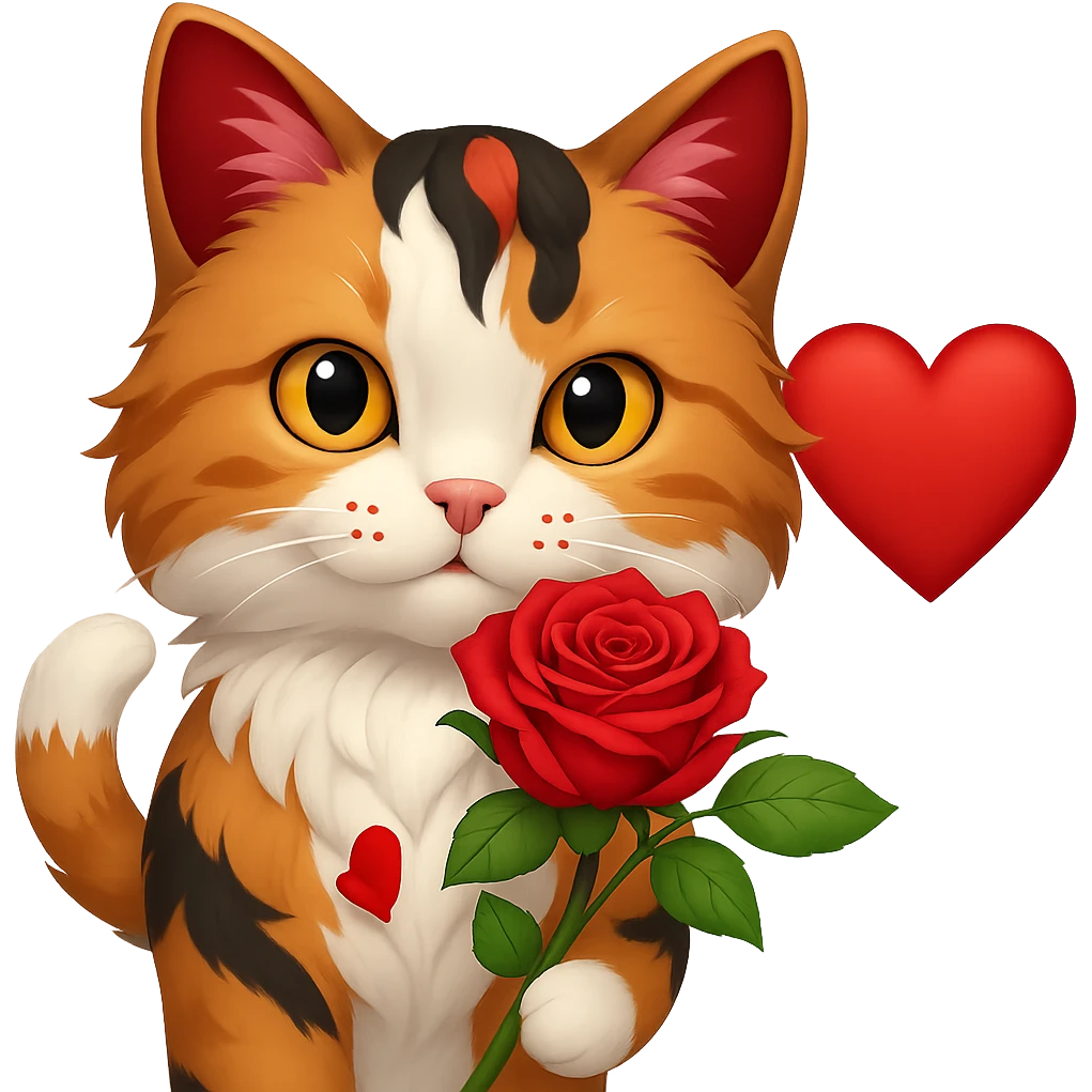 Add a heart to the tricolor cat holding a rose, keep the background transparent. emoji