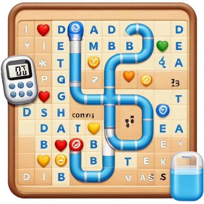 journey on a game board about Type 1 diabetes and aging to share knowledge and ways of coping, energetic emoji