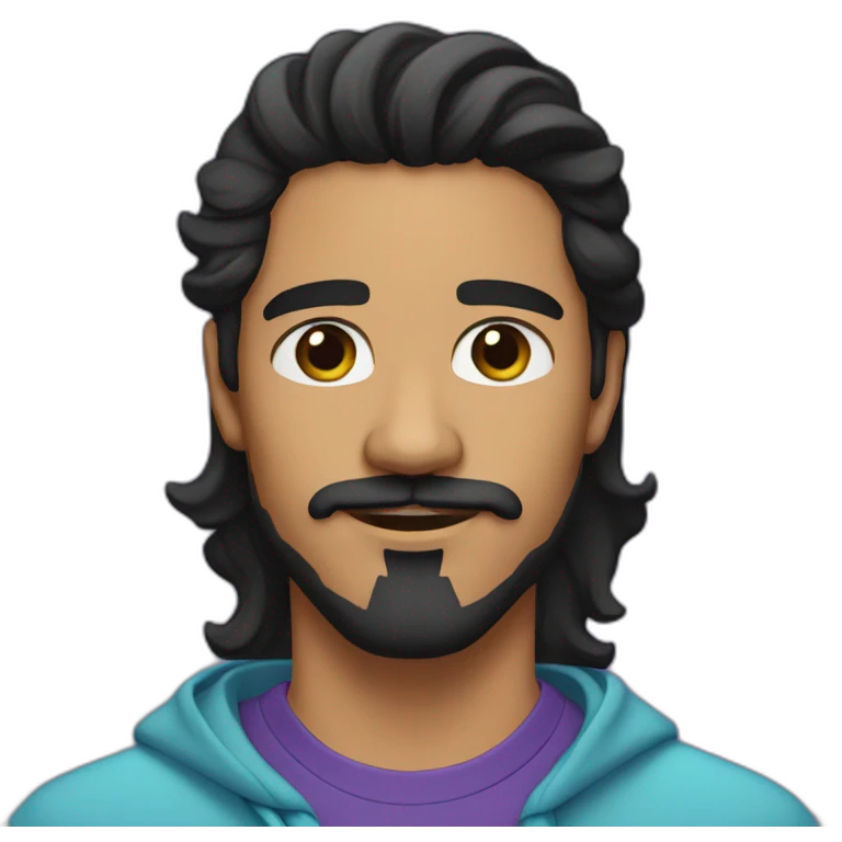 young latino man with long wavy black hair and black light beard and mustache and black eyes  emoji