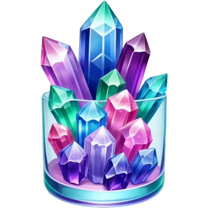 Close-up of vibrant, multicolored crystals growing in a glass container on a wooden table. Crystals in shades of purple, blue, green, pink, and clear are forming in various shapes and sizes. Soft light shines on them. Cozy indoor setting with plants and soft decor in the background. emoji