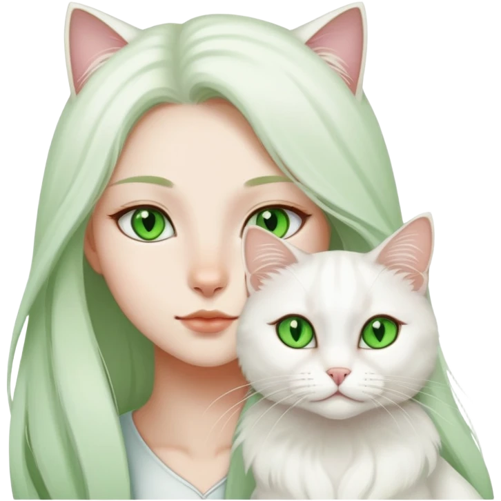 a girl and a long hair jinjila white cat, cat’s eyes are green emoji