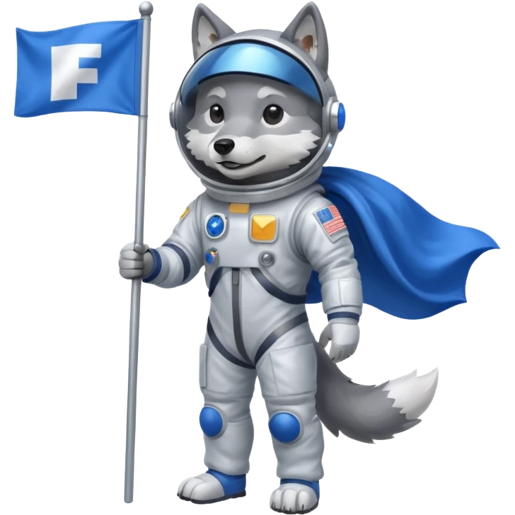 a wolf in space suit, holding blue rectangle flag, full body emoji