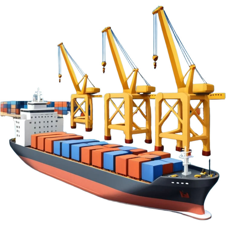 A 3D cartoon cargo or passenger seaport terminal with cranes and ships docked, calm lighting, Memoji-style realism. emoji