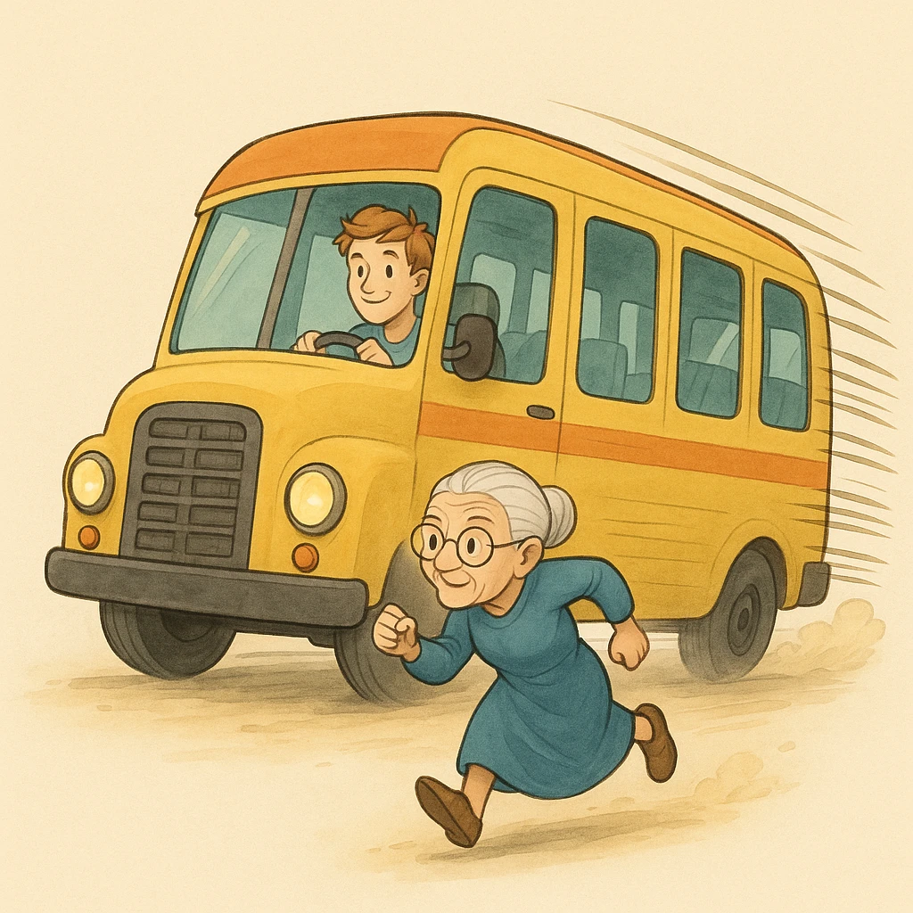 old lady should run to reach the bus, the driver is man under 30 with orange hair emoji