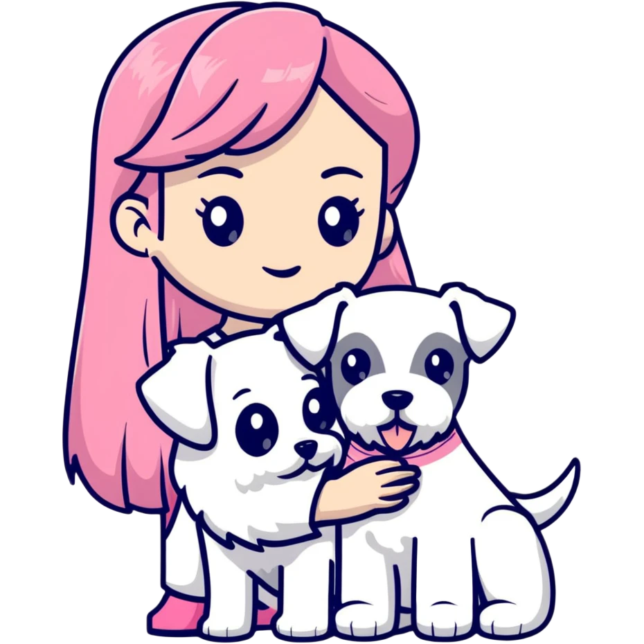 Girl with long flowing pink hair holding a white schnauzer dog emoji