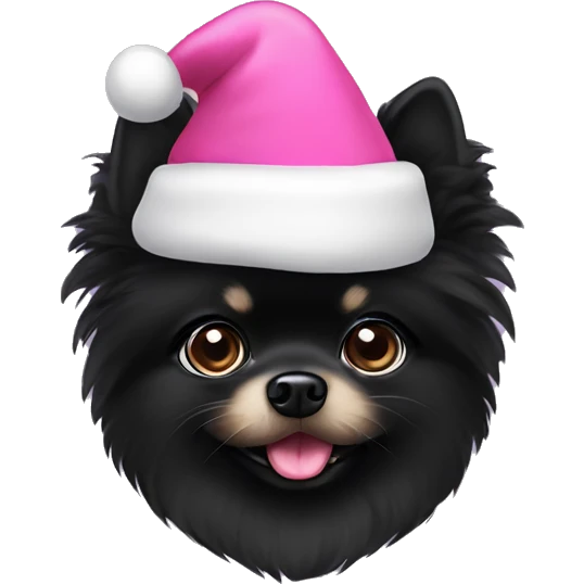Black Pomeranian wearing a pink Santa hat emoji