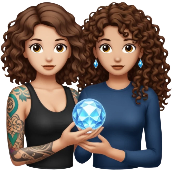 crystal orb realization — long wavy brown hair tattooed woman and short tight curly brown hair woman — glow emoji