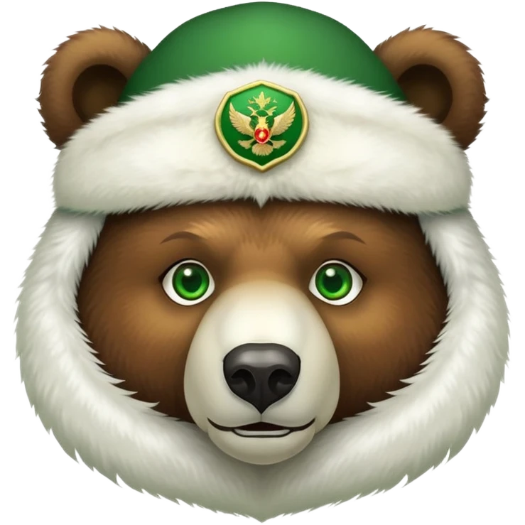 Friendly brown bear face with bright green eyes in a white fur ushanka with centered double-headed eagle emblem, Russian styled emoji