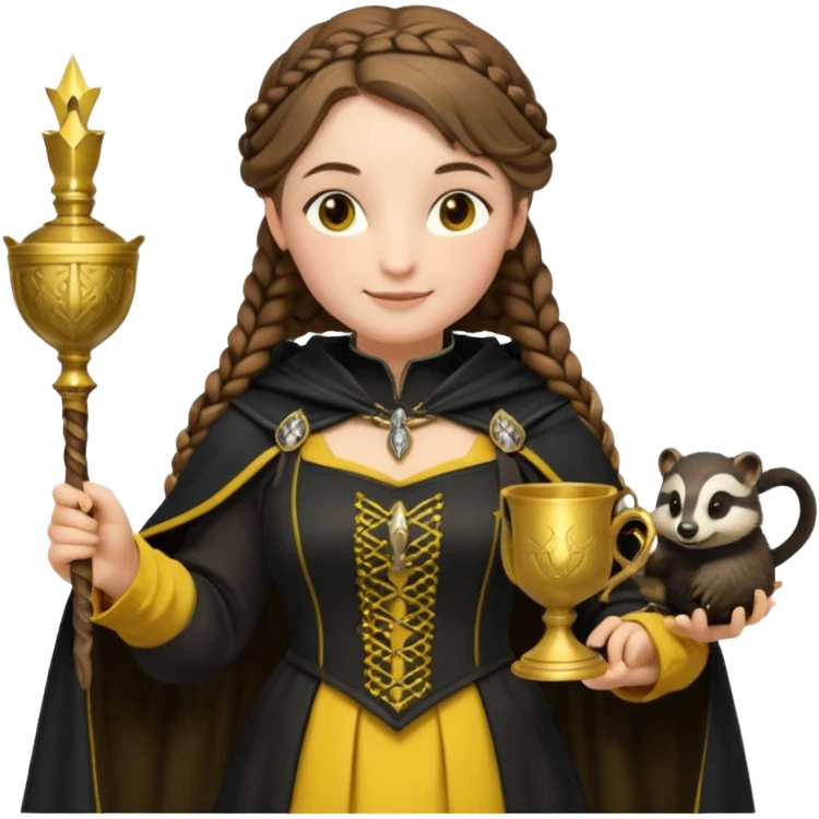 Helga Hufflepuff,the Hogwarts founder of Hufflepuff,brown-haired,2braids,yellow-black medieval dress with black cloak decorated with gold braiding,flickering magic wand and tiny two-handled shiny gold cup engraved with the badger silhouette,very kind smile,curvy busty sweet  emoji