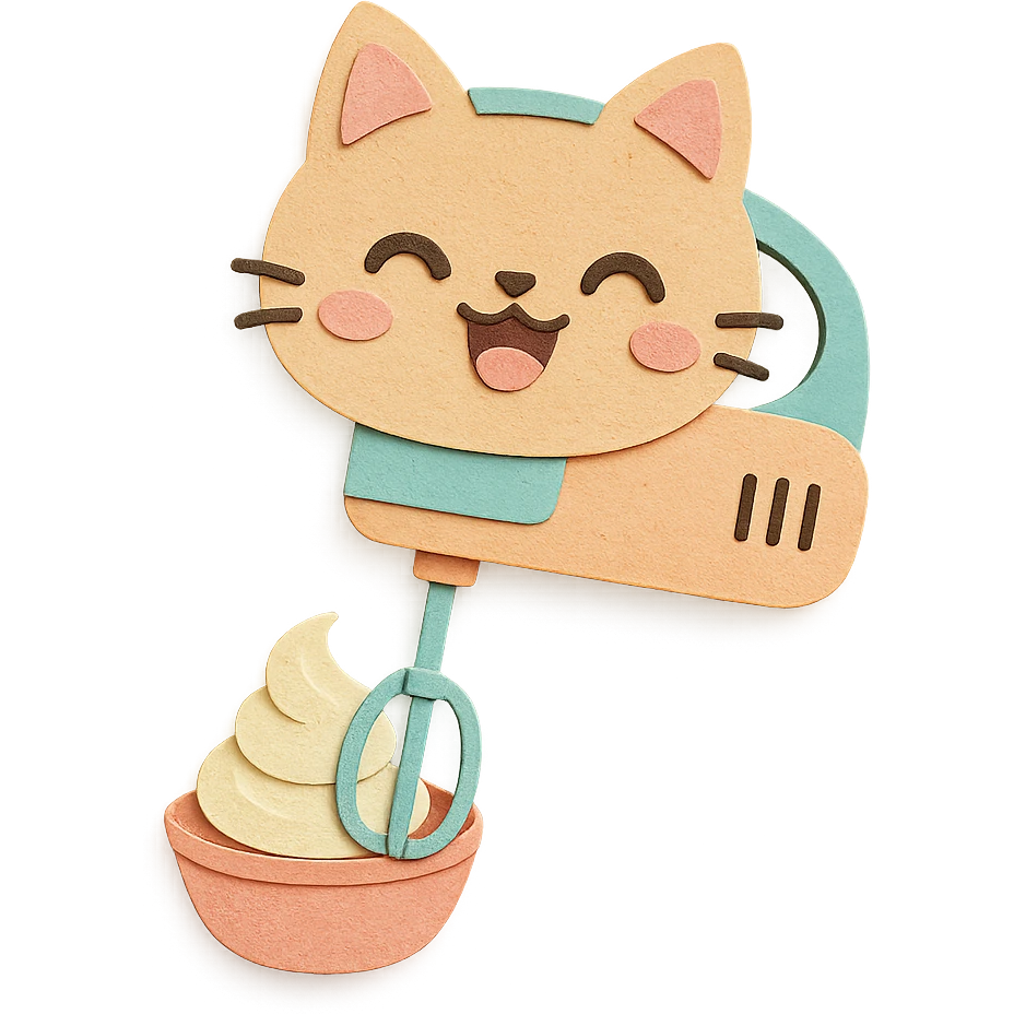 chibi cat-shaped electric whisk, spinning cream with a joyful expression, pastel colors, full-body emoji