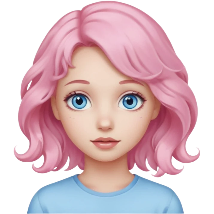 a girl with blue eyes, pastel pink wavy hair, clean girl makeup emoji