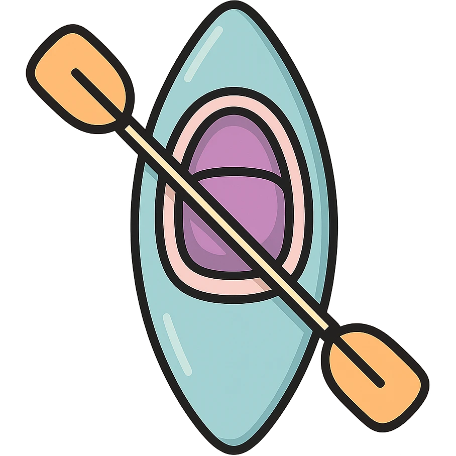 cute rowing kayak with paddle, top view, icon-color-outlined style, detailed shading, thin clean outlines, soft rounded features, pastel palette #98B5BC #B5B3C1 #C9A3C9 #E4C0CA #F7DCD1 #F7C0AA, Japanese pop art, sticker look, highly detailed, vector clarity, soft lighting, subtle shadows, transparent background emoji