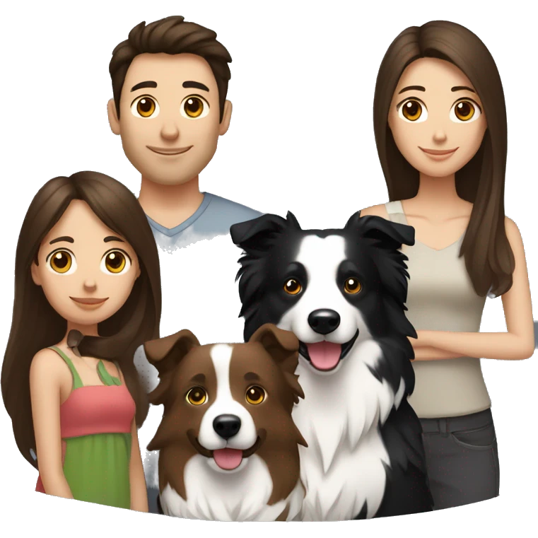 family group consisting of brunette long hair woman, brunette short hait man and a border collie emoji