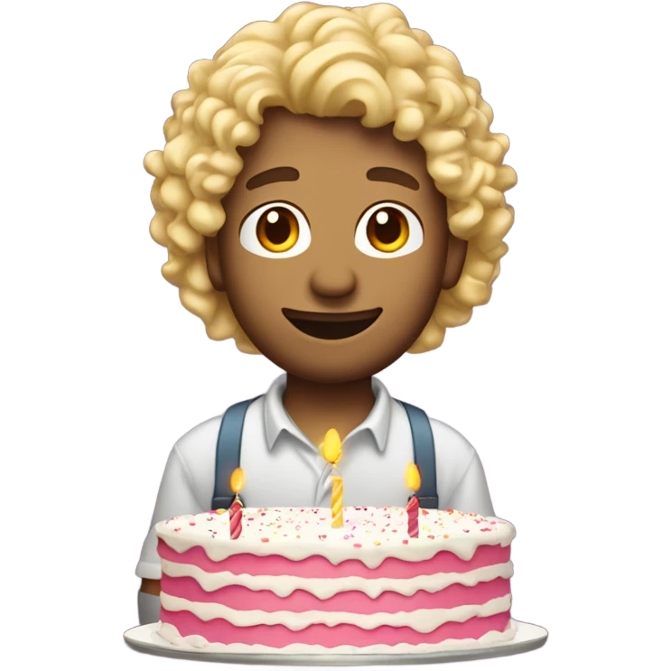  Blonde curly mullet white man standing over a birthday cake emoji