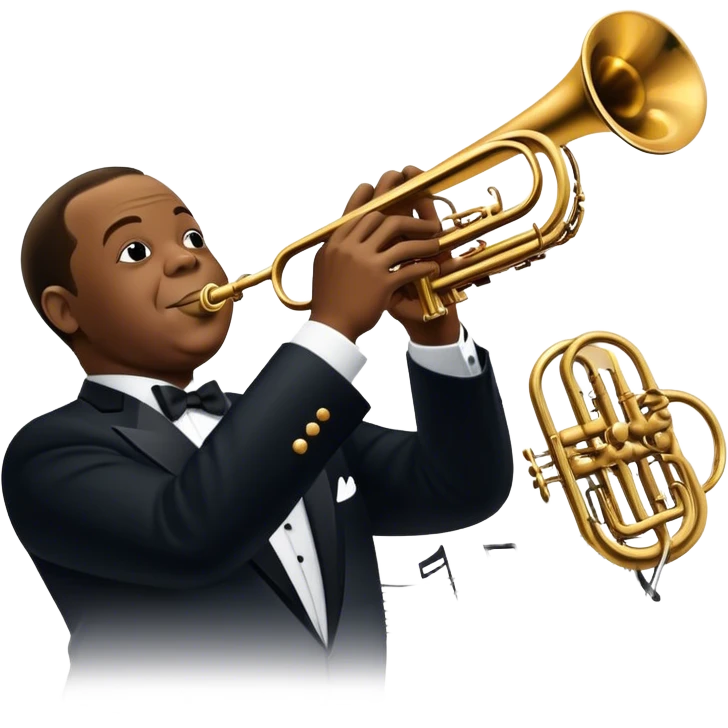 Icon for Jazz Music: collage of Louis Armstrong with his trumpet and Glenn Miller with his orchestra. Silhouettes of musicians, brass instruments, and musical notes. The design should convey the classic, smooth vibe of jazz. Transparent background. emoji