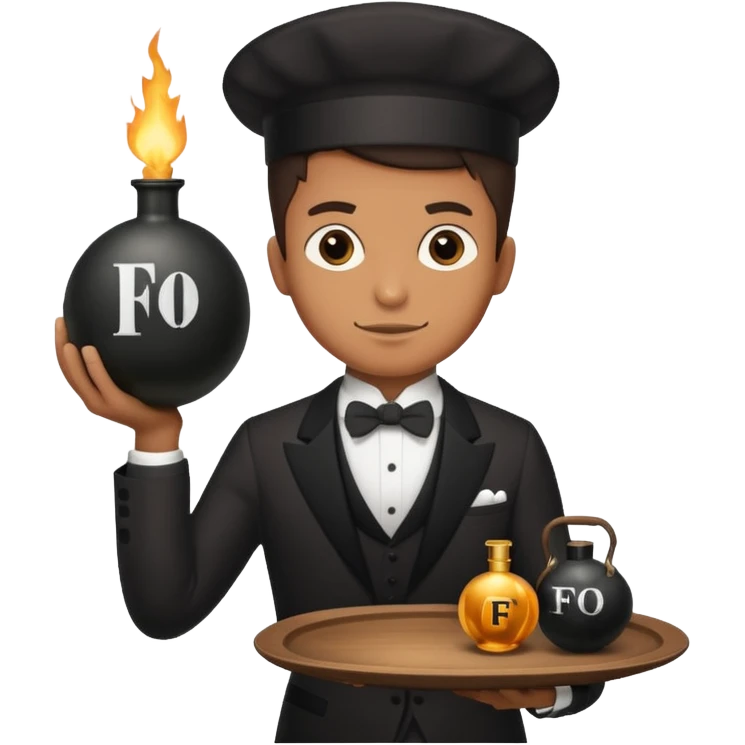 A butler holding a platter with an old-fashion bomb on it with the letters FO on the bomb emoji