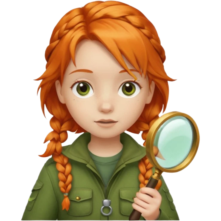 braid orange haired girl kid in moss green explorer outfit, holding magnifying glass emoji