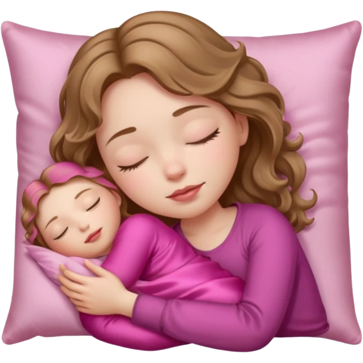 sleeping girl with pale skin and light brown wavy hair with a pink silk pillow emoji
