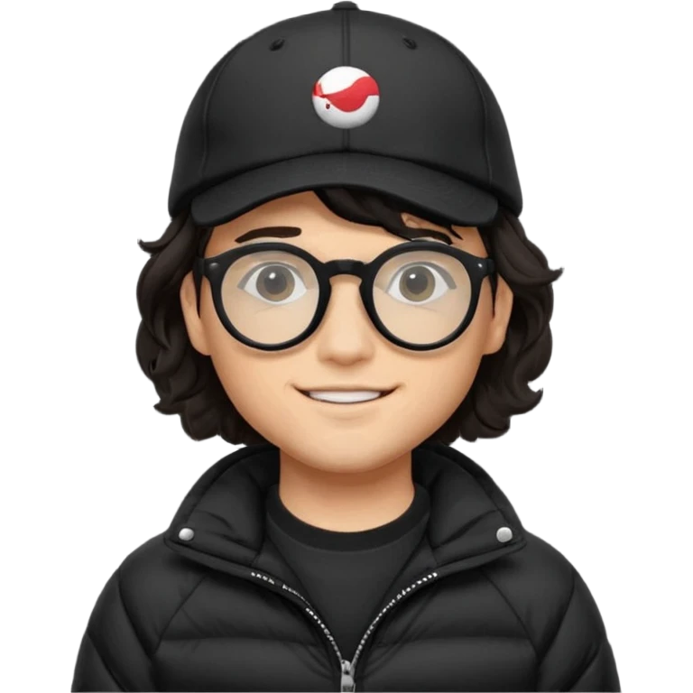Young man wearing a black puffer jacket, black baseball cap, round black glasses, wavy hair peeking out from under the cap, smiling
 emoji