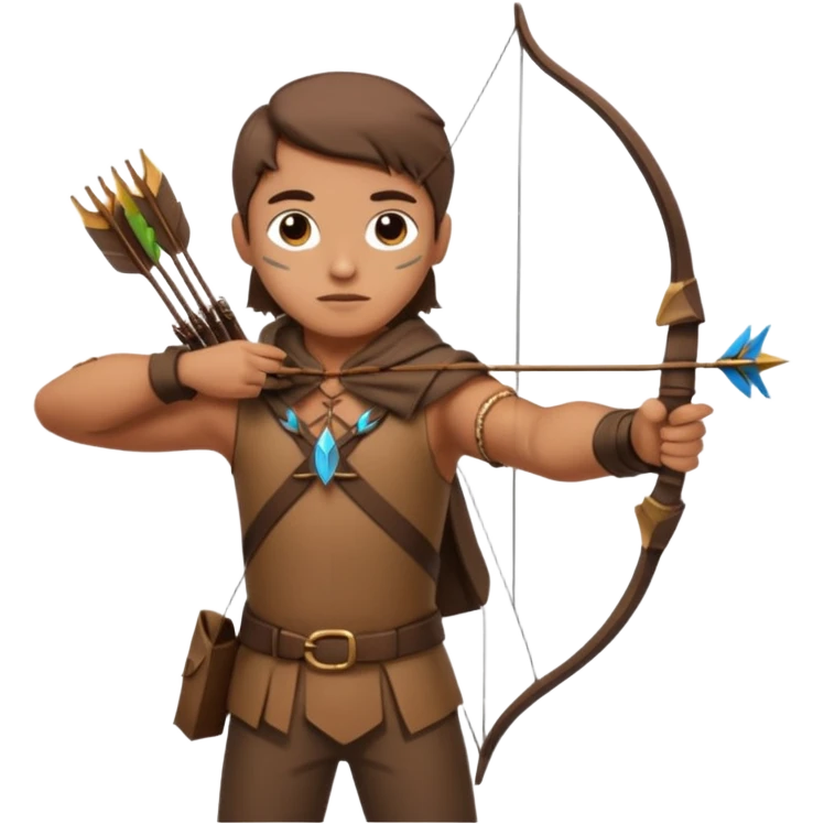 The classic hunter figure with a bow and arrow on his back, dressed in brown clothes and adorned with animal decorations emoji