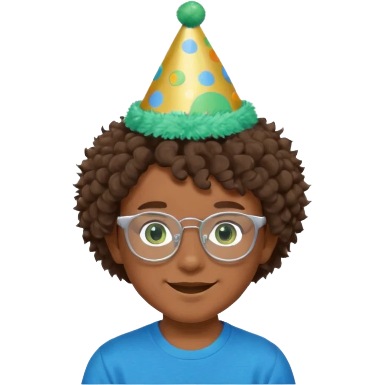 A boy with curly brown hair and green eyes with a happy face, and wear square glasses.He’s also got a full silver birthday party hat on his head with blue pom poms on top of it, and his T-shirt is all black, he wears a little gold circle earrings on his left  emoji