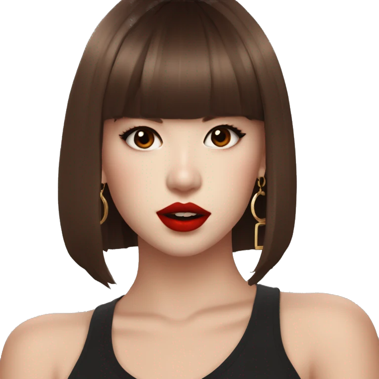 pretty girl with Lalisa Style hair during Rockstar MV, brown eyes, red lips, dark chocolate brown hair, hoo earrings emoji