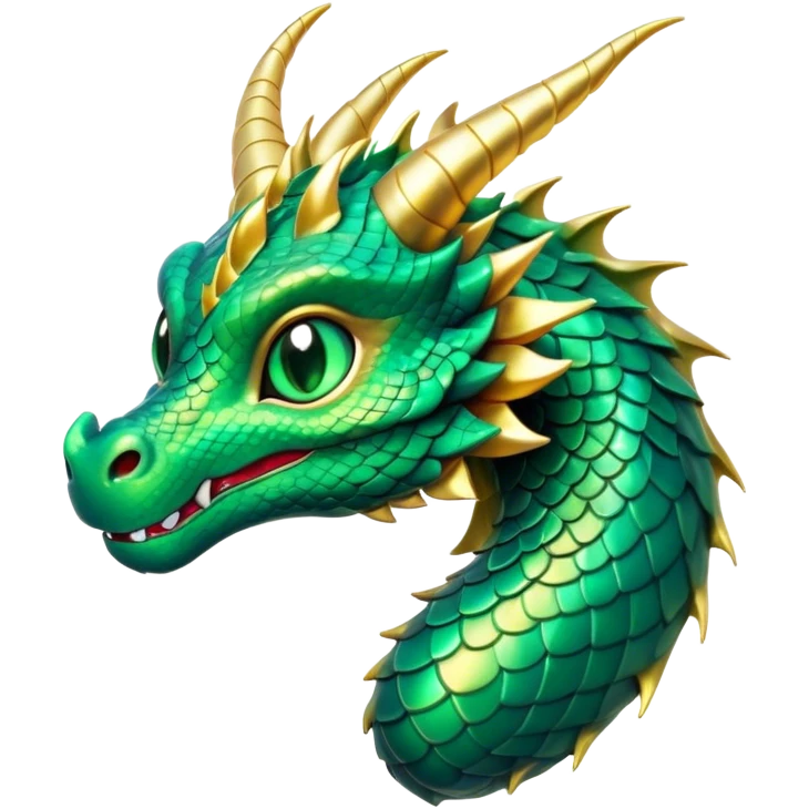 Cinematic Cute Dragon Portrait Emoji, Head tilted playfully and inquisitively, featuring a sleek, serpentine form adorned with iridescent scales that shift between emerald and gold, a delicate set of subtle horns, and round, sparkling eyes full of curious magic; rendered with realistic detail and warm natural light, high shine, affectionate and enchanting, styled with a touch of whimsical fantasy, soft glowing outline, capturing the essence of a mischievous yet lovable dragon that seems poised to slither playfully into your arms! emoji