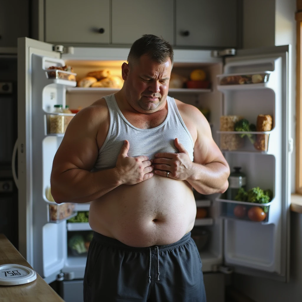 hyperrealistic 4K image of a man in gym shorts and tank top grimacing and clutching his bloated abdomen, standing by a kitchen counter, open fridge behind him full of chicken, rice, broccoli, bathroom scale reading '75kg' nearby emoji