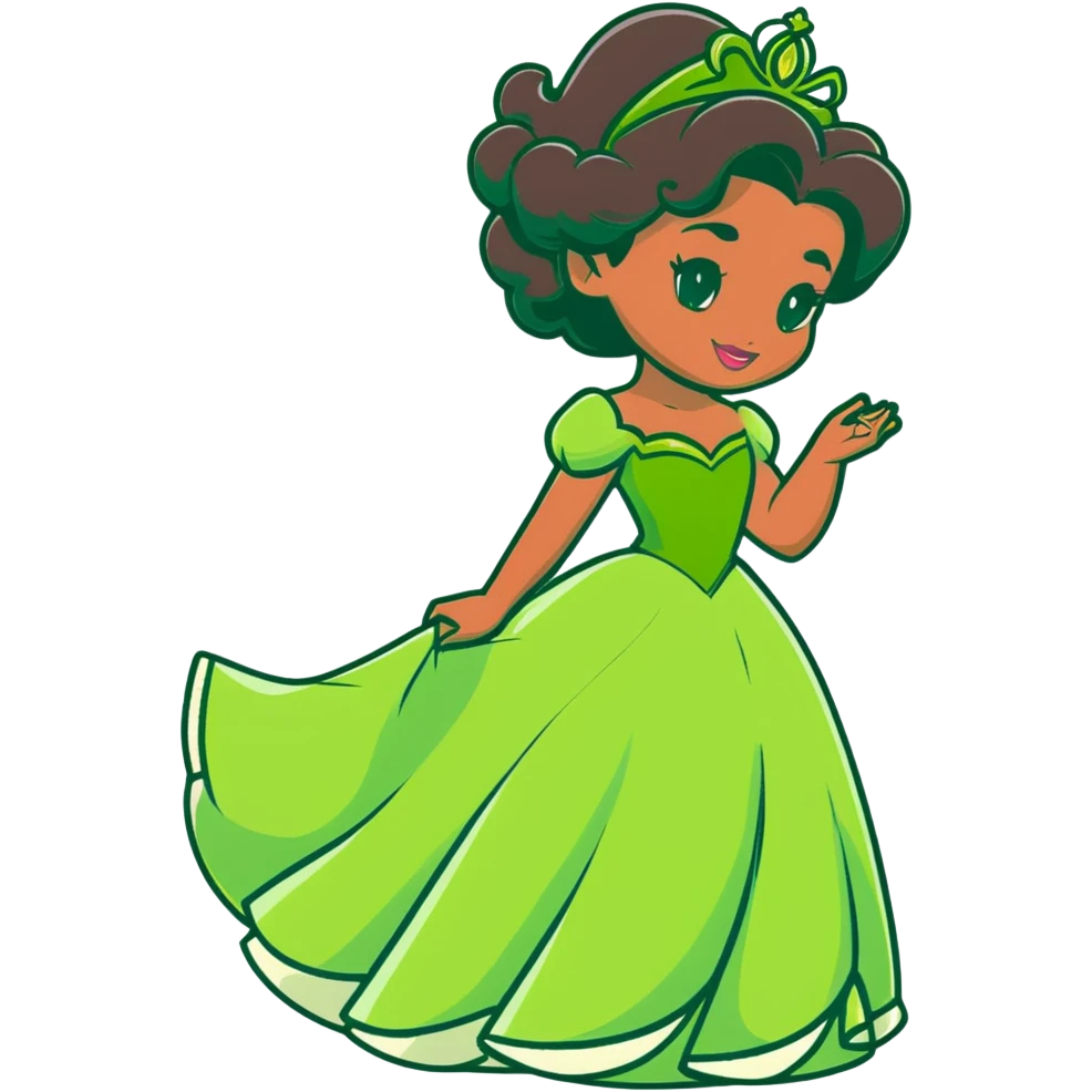 Disney Princess Tiana with extremely long black curly hair, green dress, 2c-3b curl pattern emoji