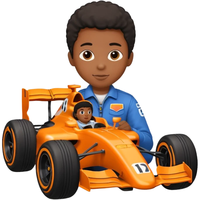 black kid playing orange formula 1 toy emoji