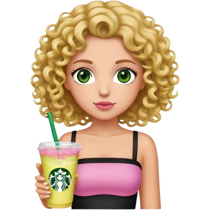 a slightly tan but white girl with curly wavy hair and green eyes wearing a black tube top holding a starbucks pink lemonade facing forward aesthetic  emoji