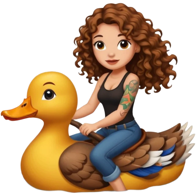cute woman long curly brown hair tattoos riding duck through pond emoji