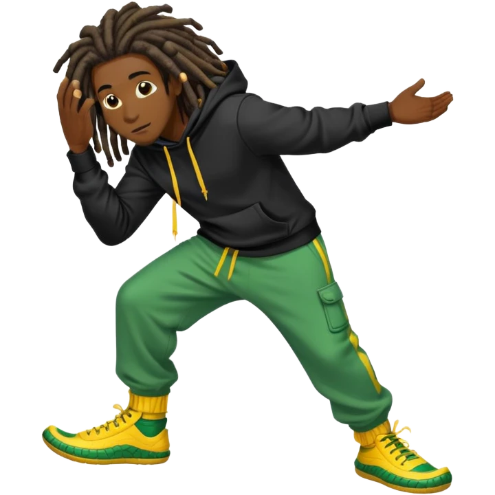 a black man with dreads and a black hoodie and multi color sweat pants and a yellow croc on one foot and the other food has a black croc emoji