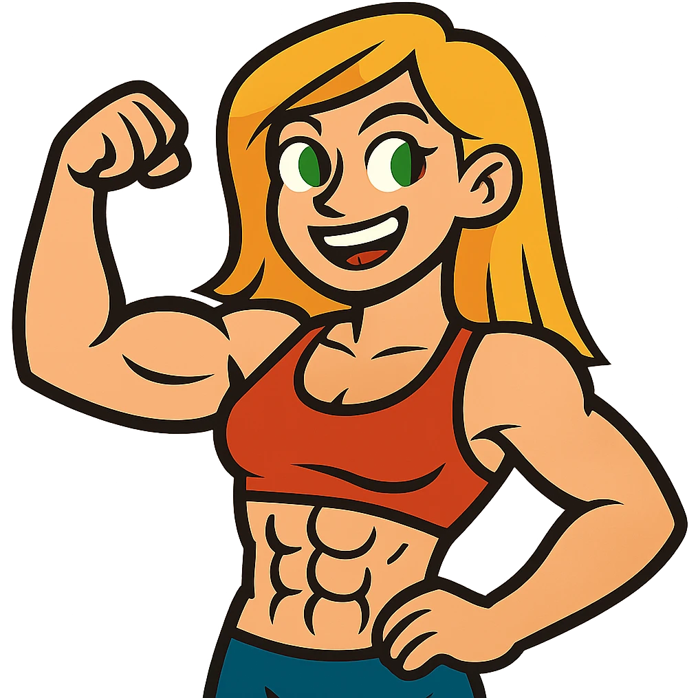 muscular white girl with blonde hair and green eyes, flexing 6 pack abs and one arm bicep emoji